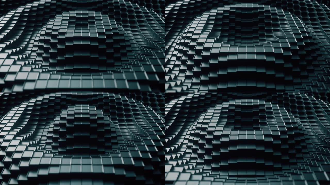 3d渲染。波浪运动中的深色塑料立方表面。立方体上下移动的抽象无缝循环3d动画。
