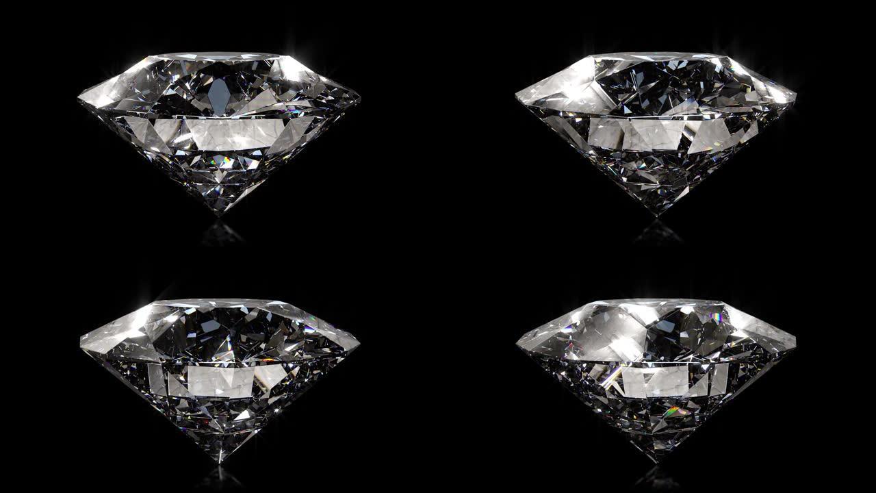 美丽的大水晶透明闪亮圆形切割钻石，在黑色镜子孤立的背景下旋转。特写侧视图。无缝循环4k cg 3D动