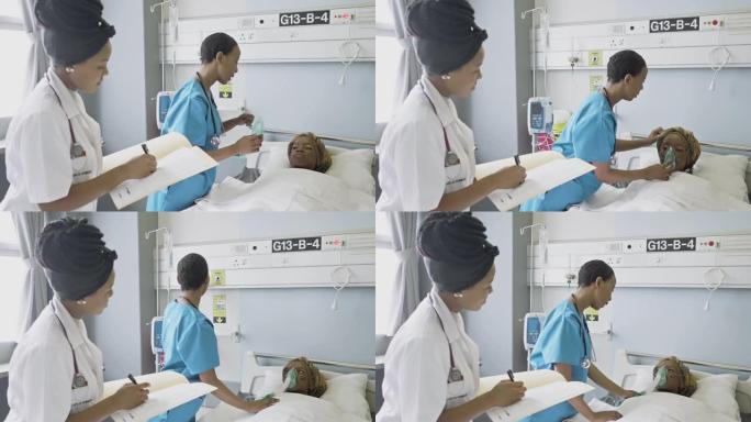 病房女医生和护士主治病人的实时视频