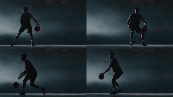 一名年轻的非洲职业男运动员的电影慢动作镜头正在健身房练习篮球运动