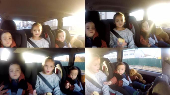 母亲与坐在汽车后座上的孩子互动的POV