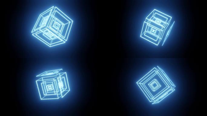 旋转发光霓虹灯立方体，荧光紫外光，抽象无缝循环3d渲染几何背景