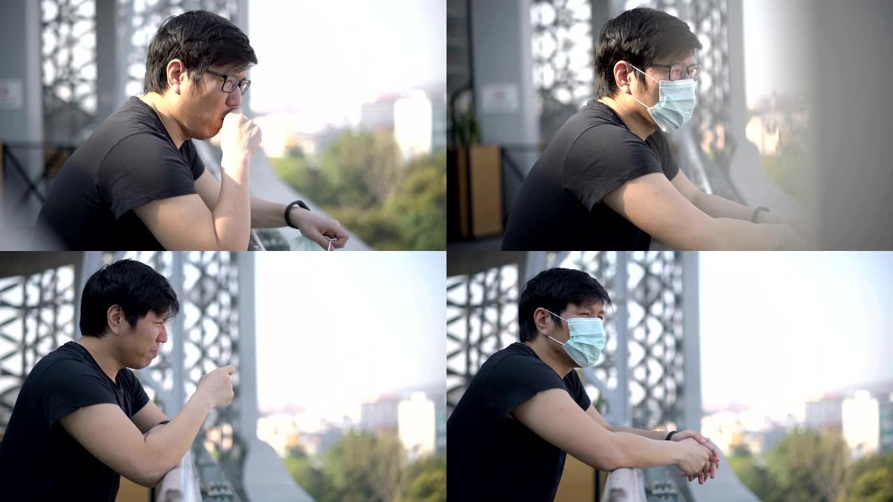 两张亚洲人对空气污染感到难过。他用面具来保护