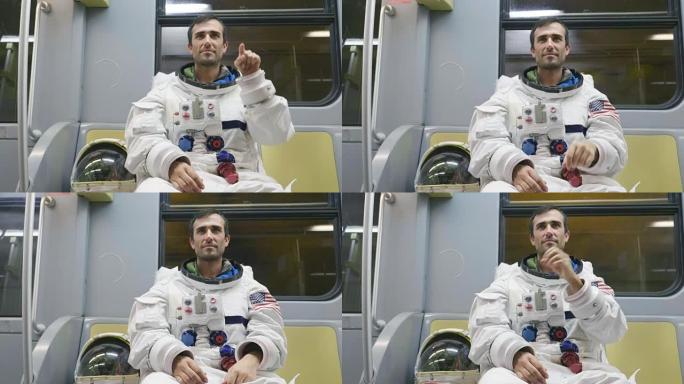 一名宇航员的肖像刚刚在镇上第一次着陆和行走，在城市的地铁和露天环境中环顾四周。概念: 自由，野心，新
