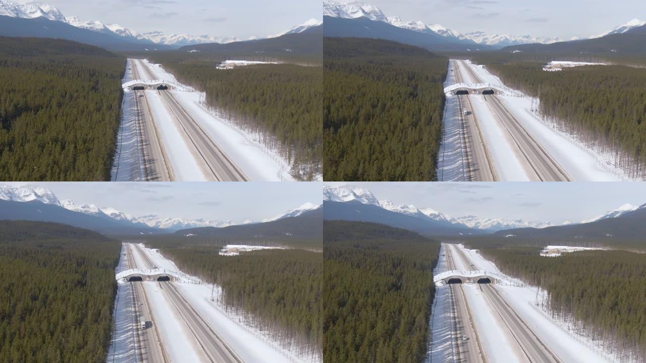 空中: 在加拿大山区的高速公路上飞越立交桥