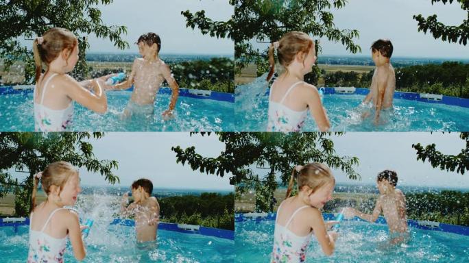 女士男孩和女孩泼水，在游泳池里玩水枪