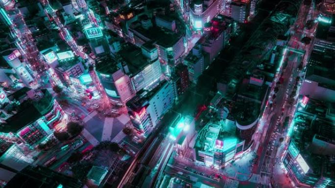 霓虹灯色调的4k分辨率延时鸟瞰图，技术未来城市概念