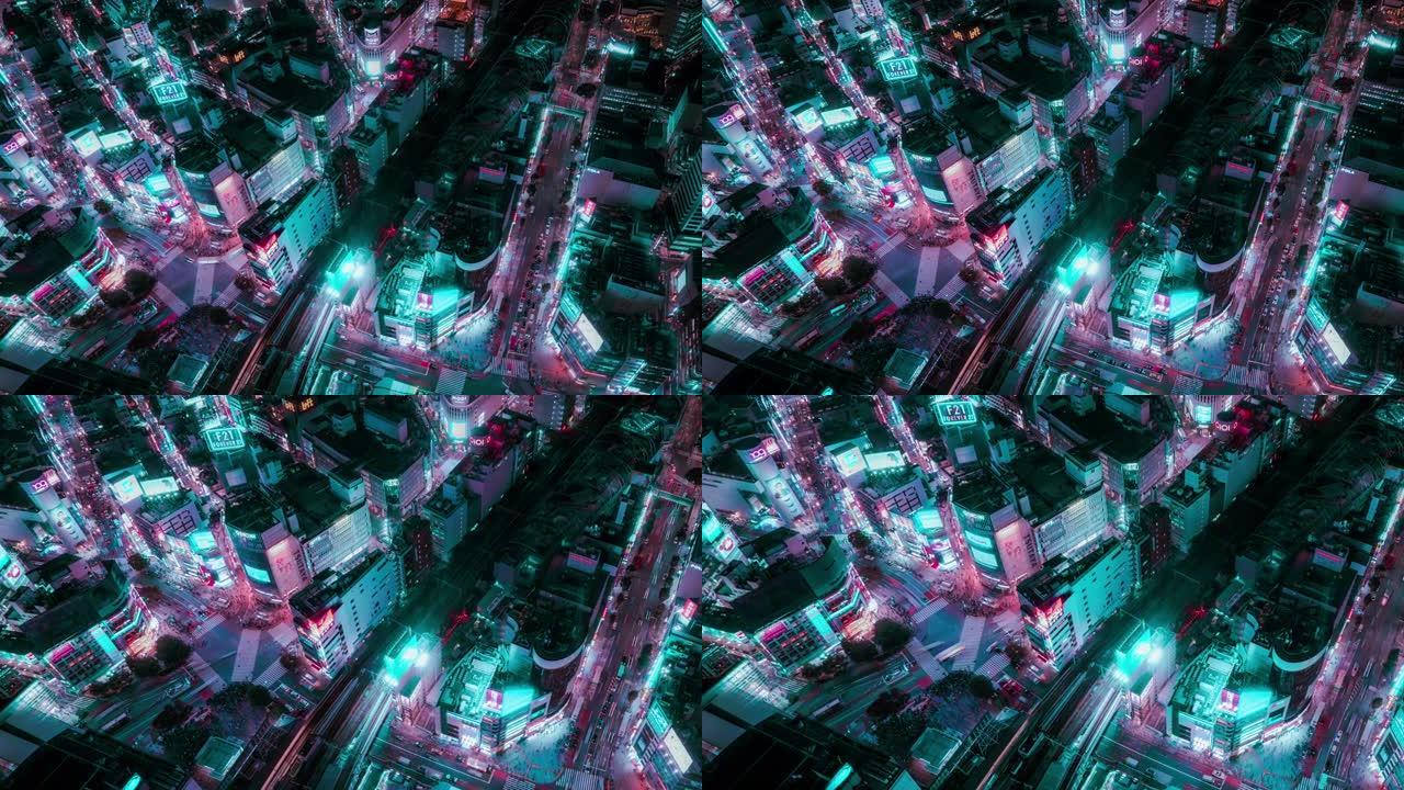 霓虹灯色调的4k分辨率延时鸟瞰图，技术未来城市概念