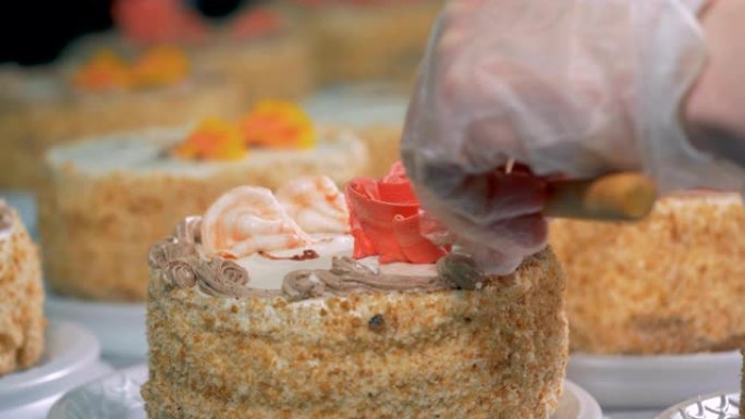 一个女人装饰蛋糕，在上面放红玫瑰。4K。