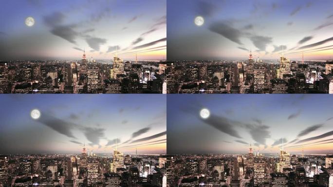 曼哈顿之夜流动云城市上空的月亮市中心建筑