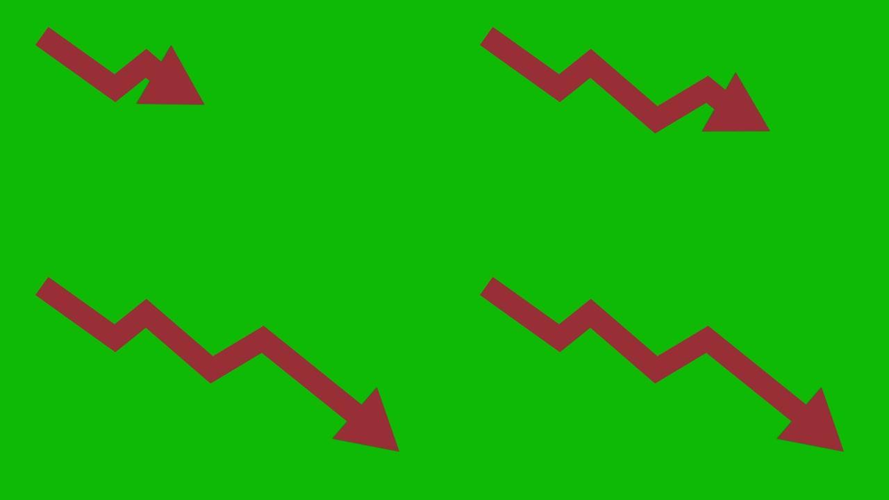 红色向下动画图标。经济简单移动arow股票视频