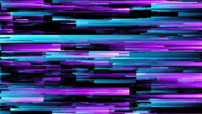 像素排序模式毛刺效应的抽象无缝循环动画用于音乐视频，转场，广播，荧光紫外线，激光霓虹灯线。蓝色粉色光