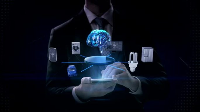 商人触摸智能手机，“数字大脑” 连接移动，汽车，节能，智能家居设备，4k电影。