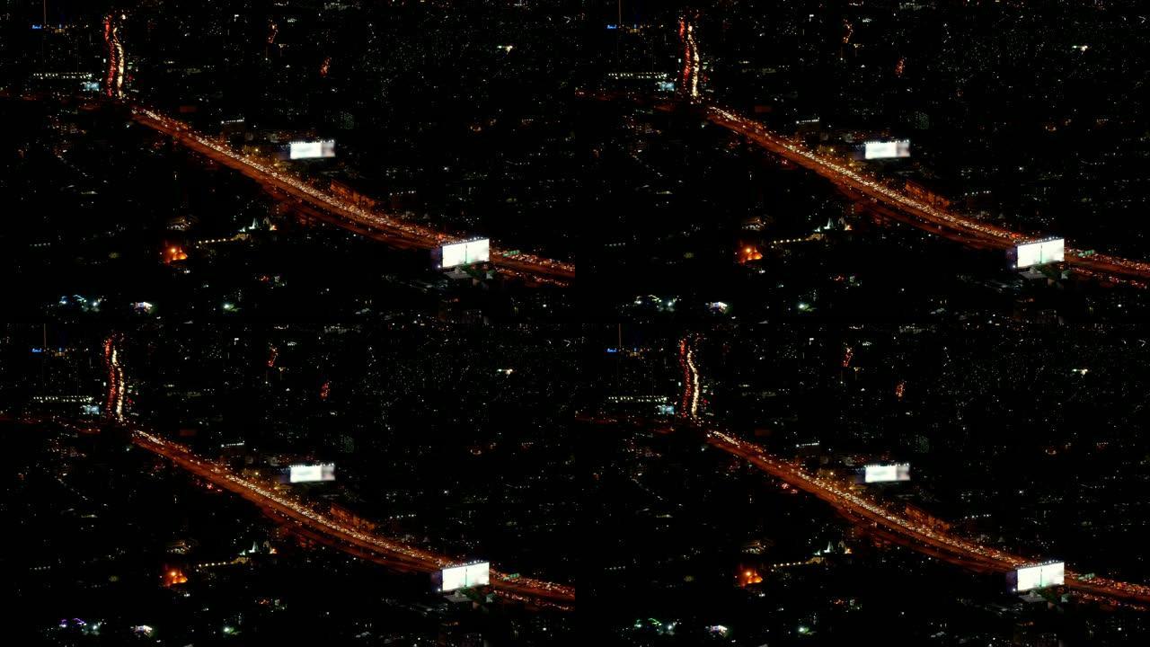曼谷夜间高峰时段高速公路的4k延时高架城市景观，交通交叉口和道路，具有城市景观概念的交通