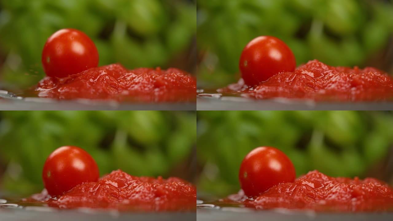 慢动作: 当生番茄掉入海员鱼中时，番茄酱飞溅。