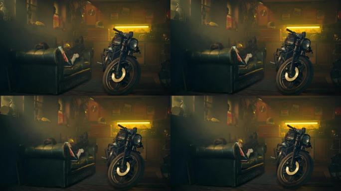 男子在摩托车车间放松