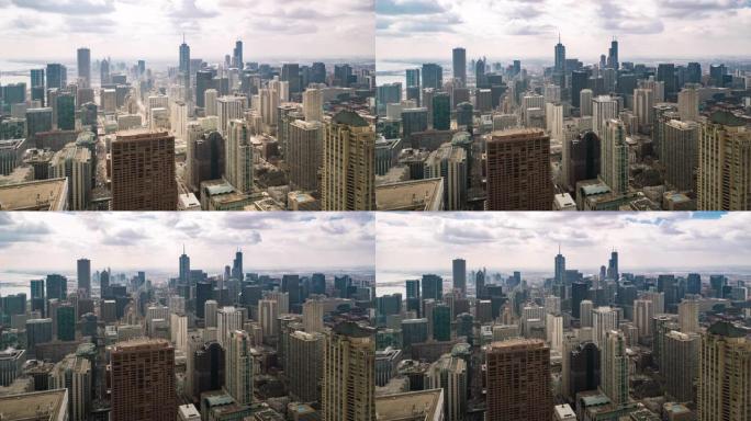 延时: 美国伊利诺伊州南环路芝加哥天际线城市景观的鸟瞰图