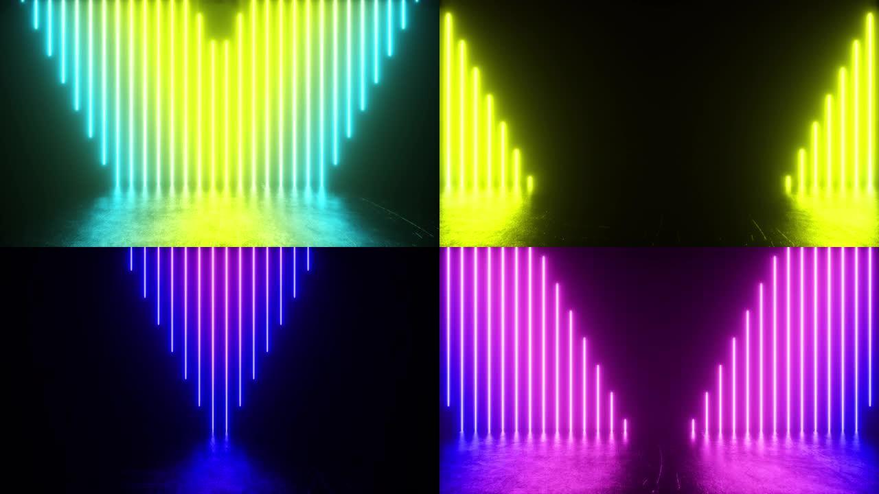 明亮的霓虹灯管下降到带有反射和划痕的铁金属地板上的未来派场景。多色光谱。无缝循环3d渲染
