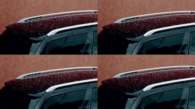 冰雹落在汽车的屋顶上