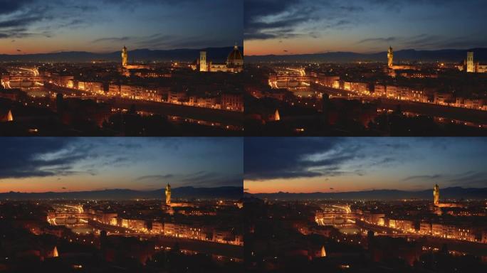 意大利佛罗伦萨。日落之后的夜城全景。在这张全景中可以看到佛罗伦萨大教堂，托雷·迪·阿诺尔福塔，横跨阿