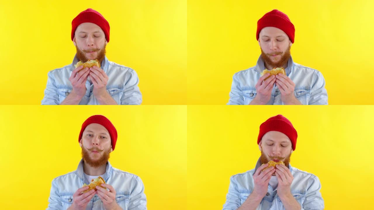 男人吃三明治的肖像