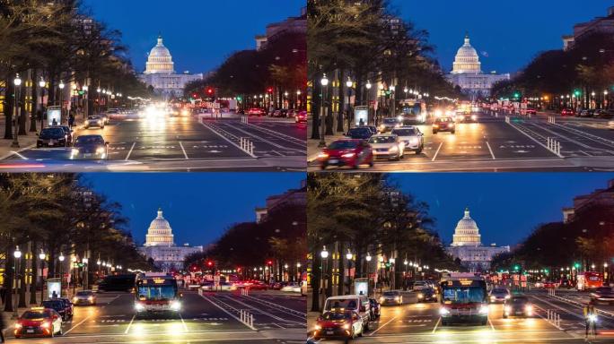 延时:日落时分，美国华盛顿特区自由广场上的美国国会大厦
