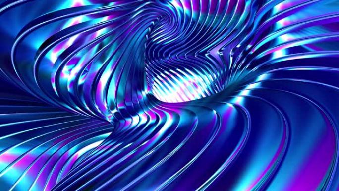抽象的未来金属背景。旋转、弯曲和虹彩条纹创造了不真实和惊人的形状和表面。无缝循环。4K。