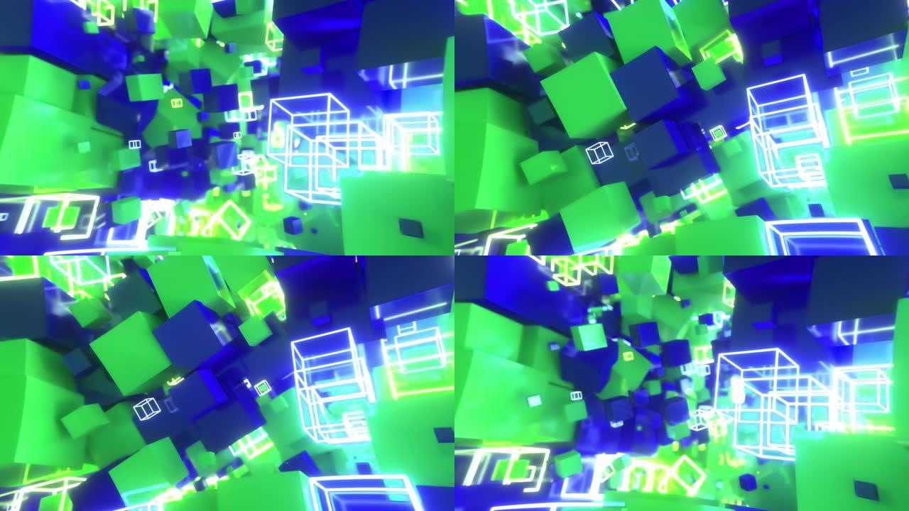 霓虹发光立方体彩色立方体的抽象运动。无缝循环4k动画