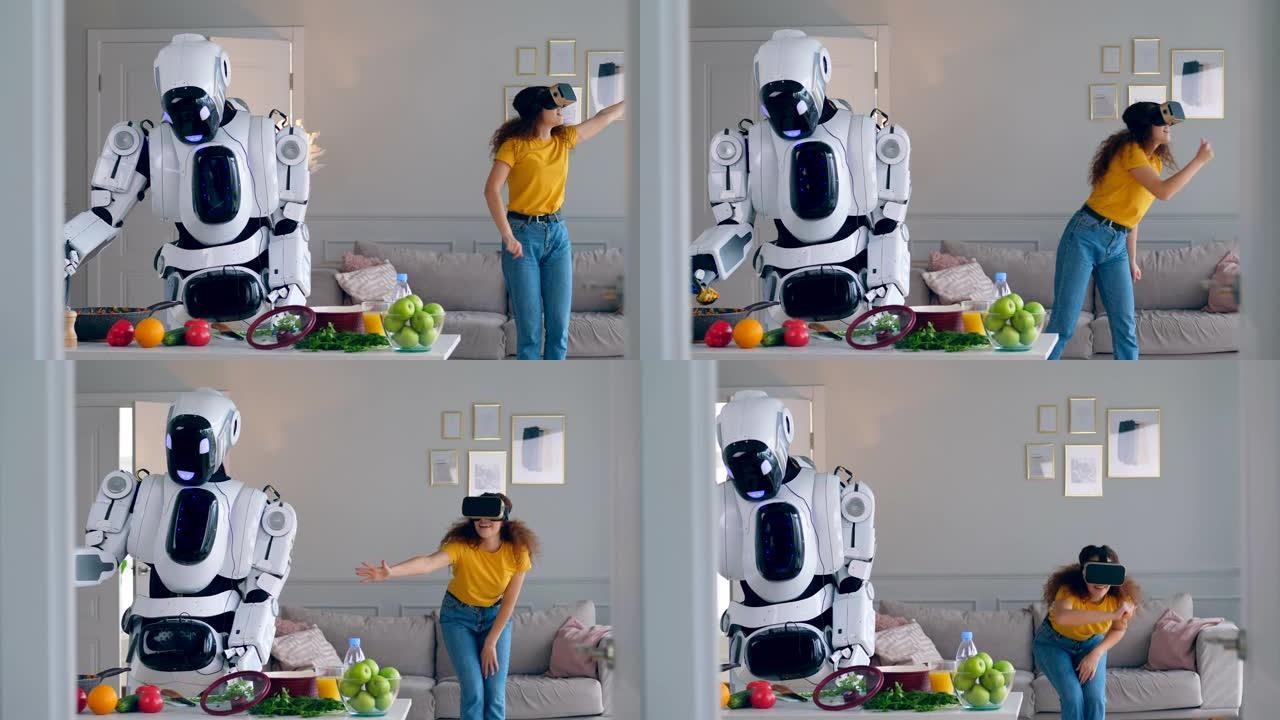 一个机器人做饭，而一个女孩戴着VR眼镜。