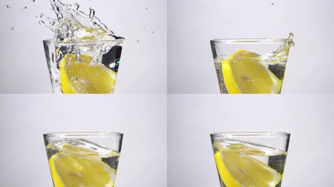 柠檬片溅入玻璃中的慢动作
