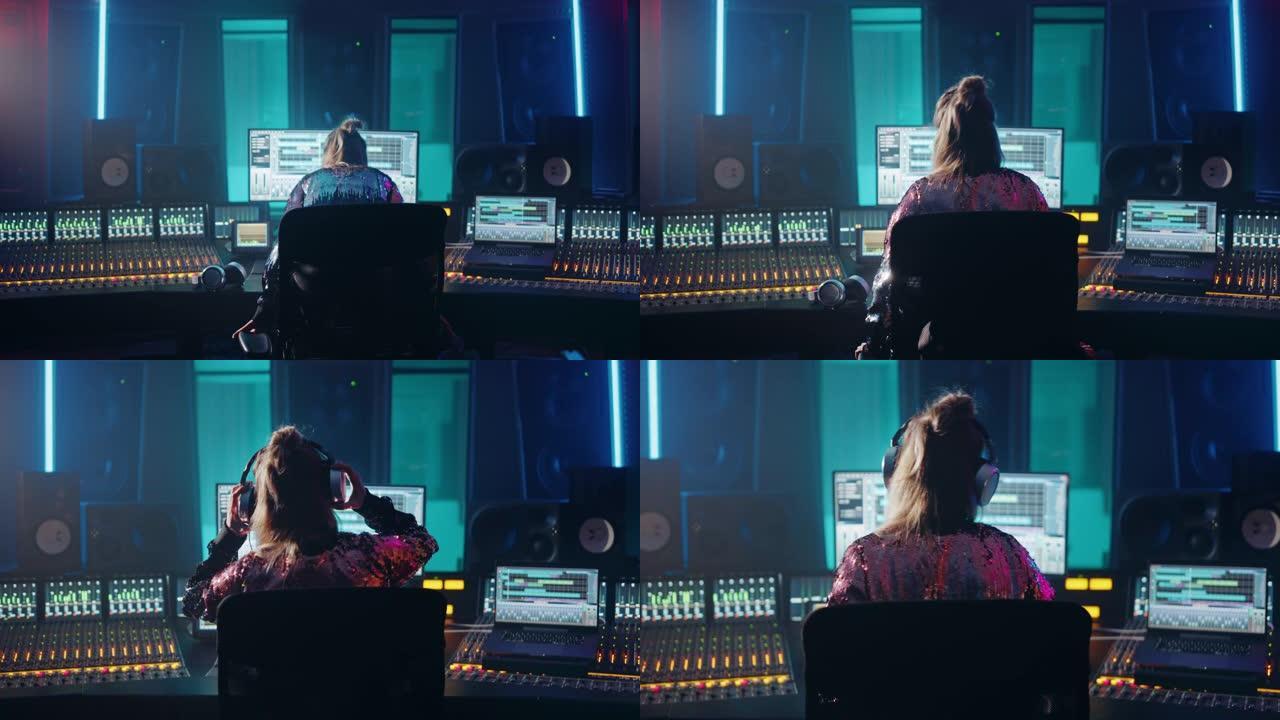 时尚的艺术家，音乐家，音频工程师，制作人在音乐录音室的控制台上进行，使用计算机屏幕显示DAW软件的用