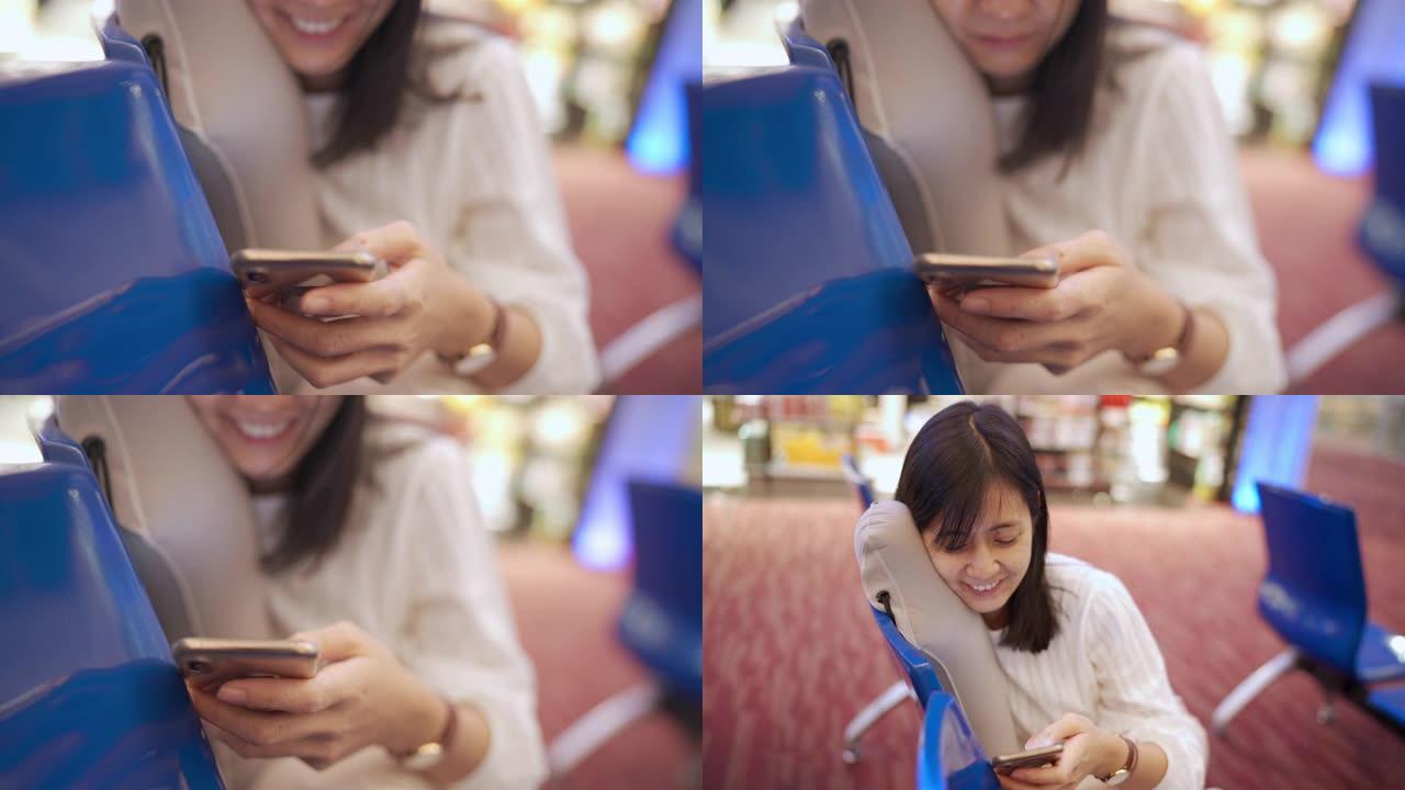 在aiport等待飞机飞行时，亚洲妇女使用智能手机或手机拍摄了两张照片