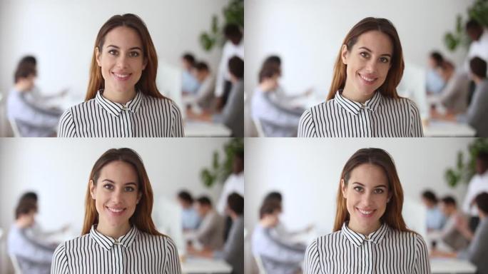 快乐的女性商业领袖在办公室摆姿势的视频肖像