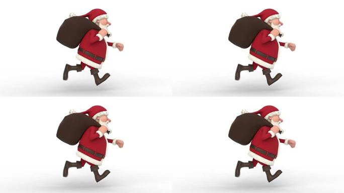 圣诞老人在白色背景上奔跑。无缝循环3d动画。侧视图