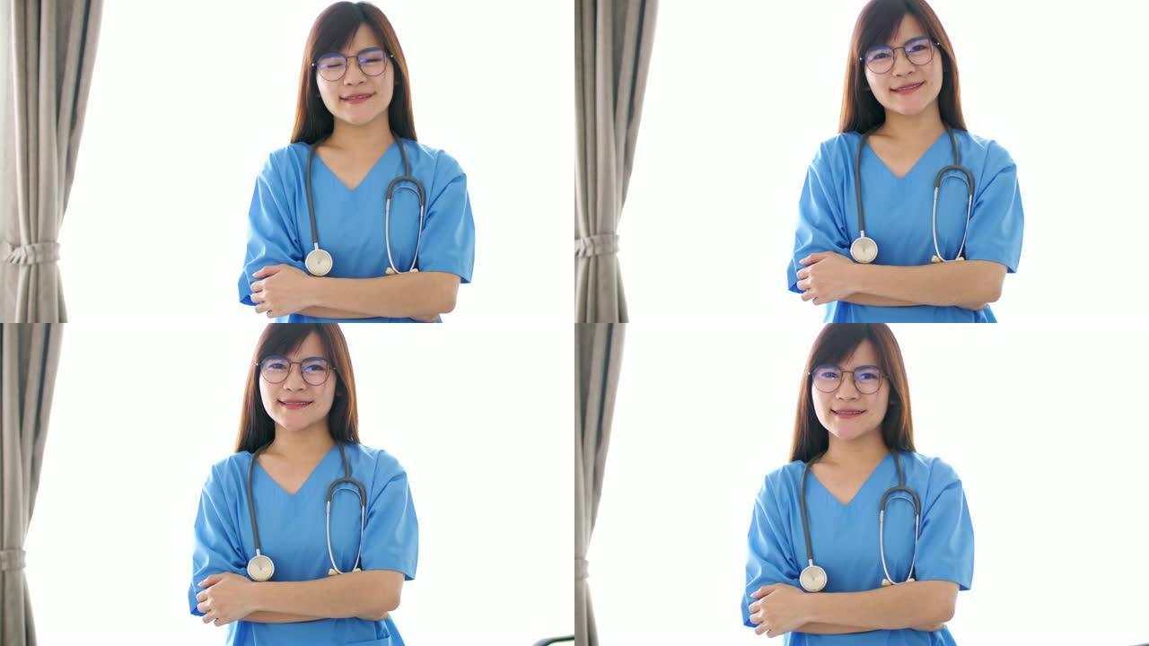 女护士在医院病房微笑的肖像，慢动作