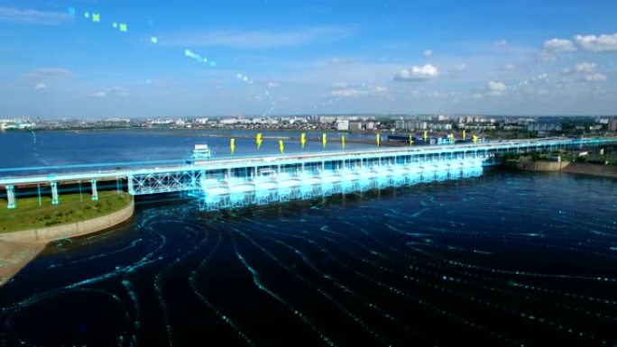 水力发电站的鸟瞰图a，汽车在桥梁和河流上行驶。3D信息图表元素说明了工作发电机和闪电。