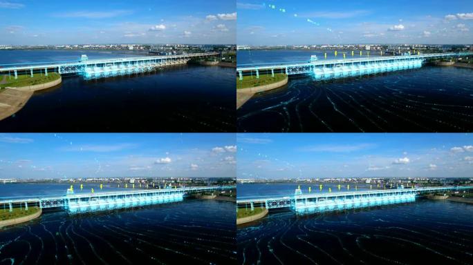 水力发电站的鸟瞰图a，汽车在桥梁和河流上行驶。3D信息图表元素说明了工作发电机和闪电。