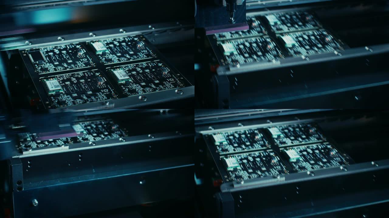 工厂机器在工作: 印刷电路板与自动机械臂组装在一起，表面安装技术将微芯片连接到主板。延时宏特写镜头。