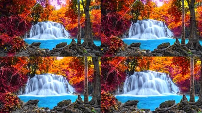 4K，泰国北碧府美丽瀑布华美卡明瀑布树叶颜色变化