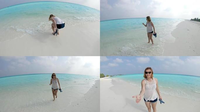 马尔代夫热带海洋海滩上的肖像画女士海滩