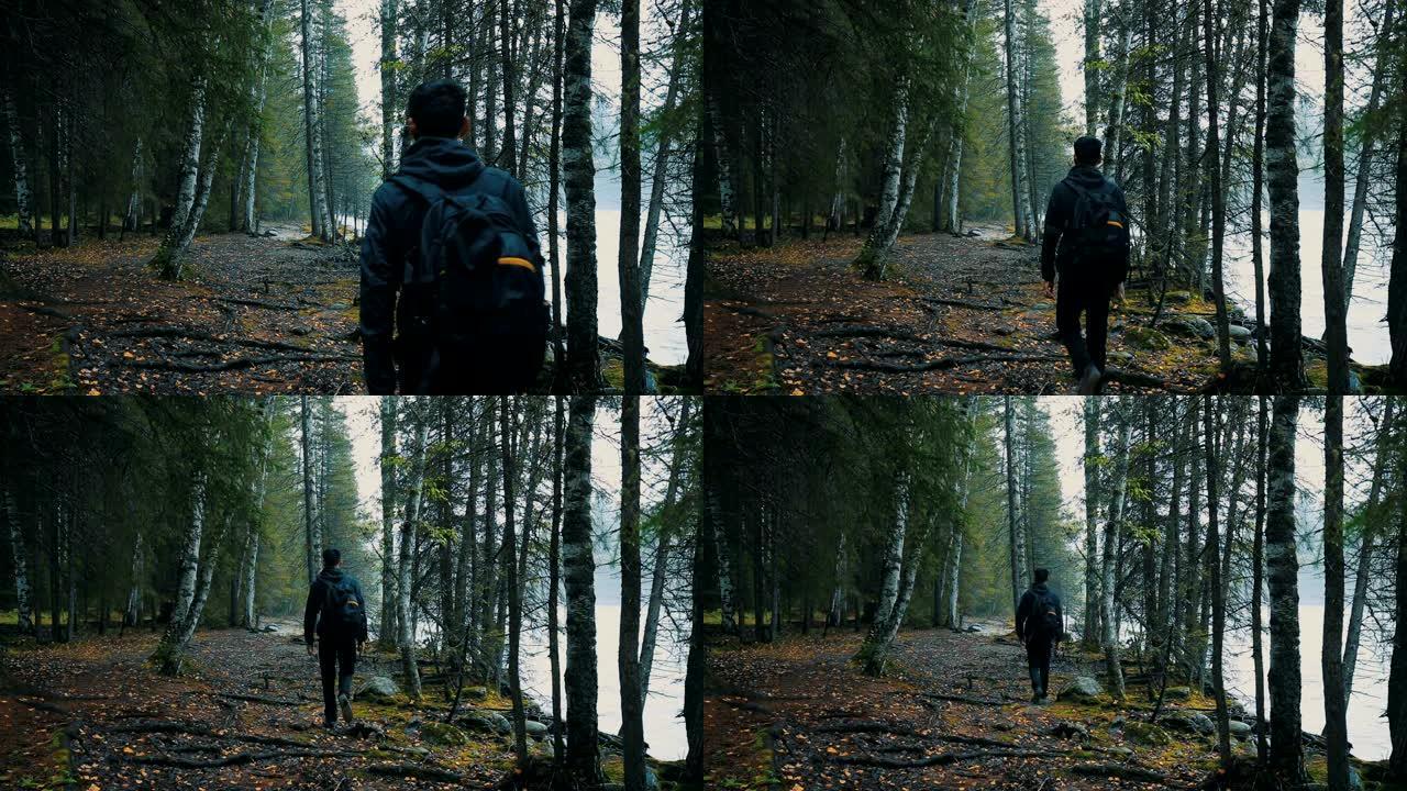 在森林里散步的人户外探险男人露营野外探险