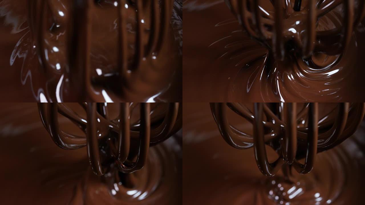 在巧克力背景下，一家专业工厂的机器可以防止美味的棕色巧克力制作糖果。