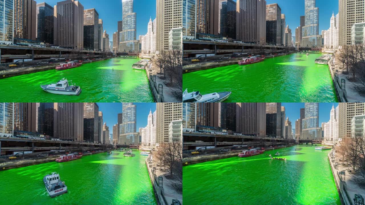 美国伊利诺伊州圣帕特里克节芝加哥河的时间流逝