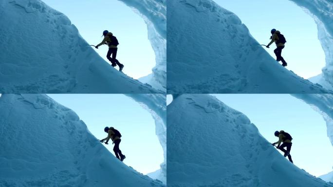 探索冰洞。在冰壁上攀爬