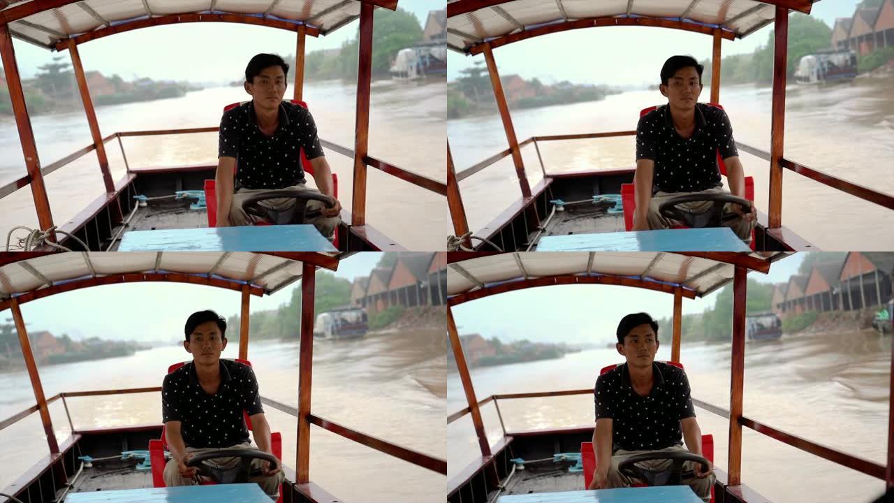 越南湄公河三角洲芹苴省蔡让港浮动市场传统市场越南男子划船客船的4k慢动作镜头，运输和商品概念