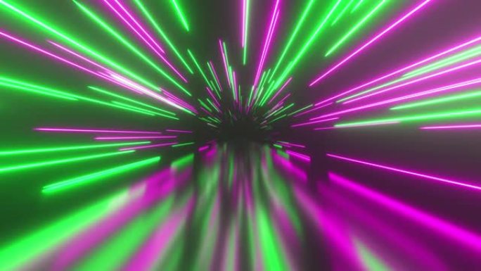 用发光的霓虹灯线在太空中飞行。超空间。现代光谱。绿色紫色。无缝循环3d渲染
