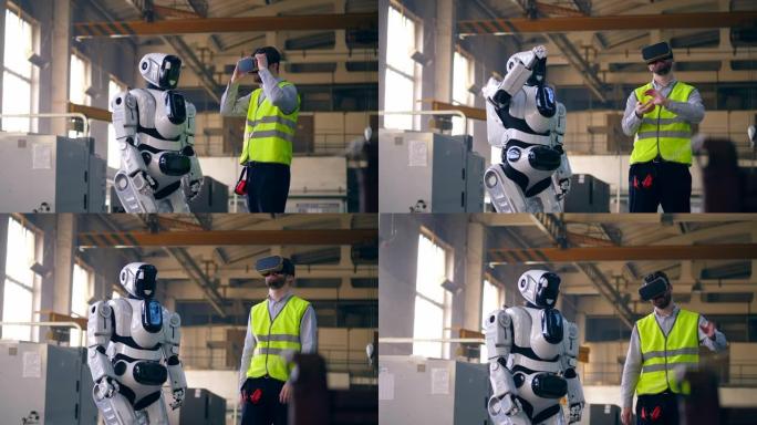 工程师使用VR设备在工厂控制机器人。