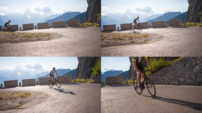 男运动员公路骑自行车上山山口，踩踏板站起来，转弯