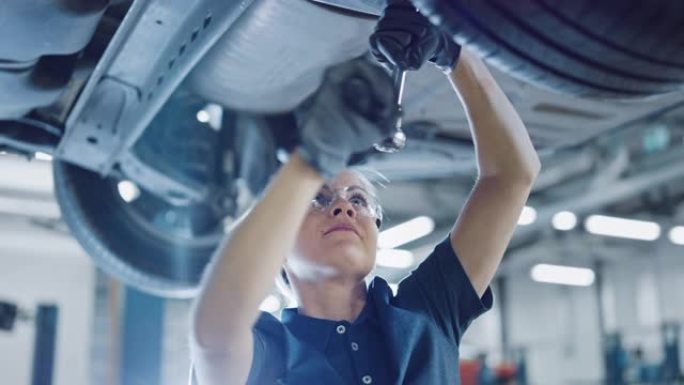一个女机修工在一辆汽车上工作的慢动作肖像镜头。授权女性戴手套和使用棘轮下的汽车。现代洁净车间。