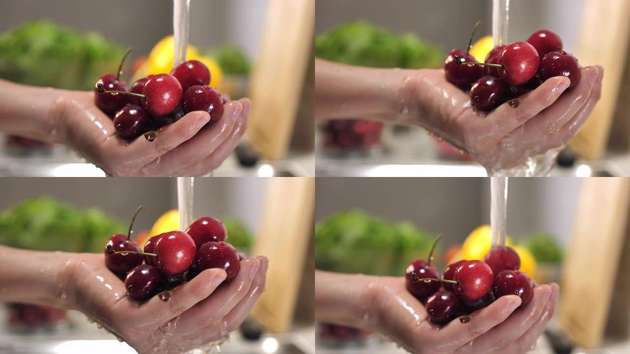 特写女人在流水下手洗新鲜樱桃。冲洗成熟的红樱桃